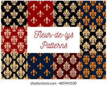 Victorian fleur-de-lis seamless patterns with set of floral background with french royal lilies. Vintage wallpaper, textile or interior design