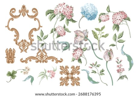 Victorian  floral hydrangea and baroque elements isolated. Vector.