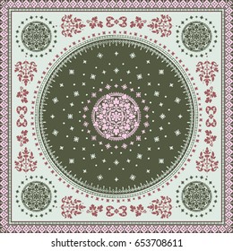 Victorian floral ornament paisley vector illustration background. Square geometric damask flowers frame tile. Antique fashion design for brand, packaging, textile, greeting card, print. Green pink