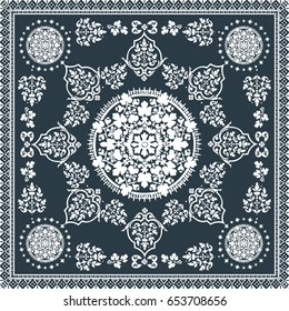 Victorian floral ornament paisley vector illustration background. Square geometric damask flowers frame tile. Antique fashion design for brand, packaging, textile, greeting card, print. Blue white
