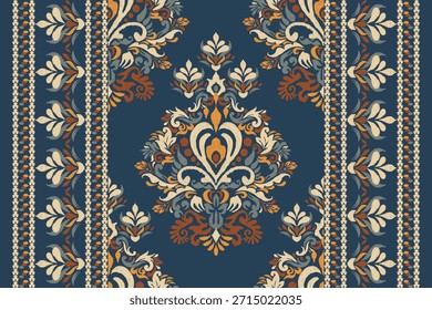 Patrón floral victoriano sobre fondo azul marino, Ilustración vectorial, patrón floral Ikat, patrón oriental étnico Ikat tradicional, bordado de damasco. diseño para textura, tela, ropa, decoración, impresión.