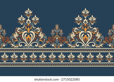 Patrón floral victoriano sobre fondo azul marino, Ilustración vectorial, patrón floral Ikat, patrón oriental étnico Ikat tradicional, bordado de damasco. diseño para textura, tela, ropa, decoración, impresión.