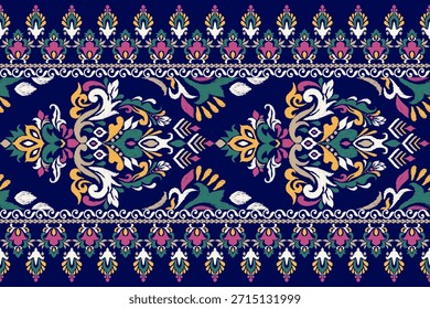 Viktorianische Blumenmuster auf blauem Hintergrund, Vektorgrafik, Ikat Blumenmuster, Ikat ethnisch orientalisches Muster traditionell, Damast Stickerei.Design für Textur, Stoff, Kleidung, Dekoration, Druck.