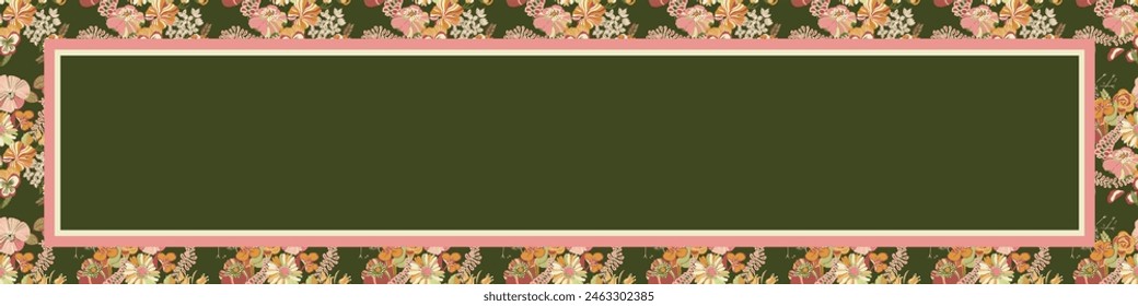 Victorian floral rectangular border in moss green and peach. Just place text inside to create banner, invitation, card, web design, menu, etc.