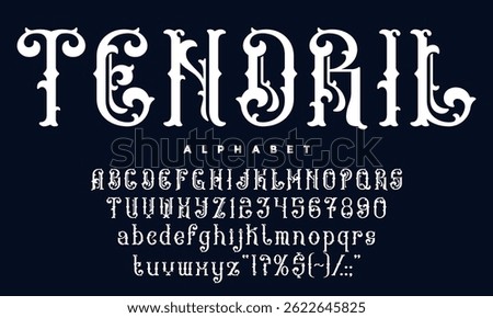 Victorian font, antique medieval typeface, vintage script type, elegant alphabet with gothic flourishes vector typography set. Vintage medieval victorian classic serif font english alphabet with curls