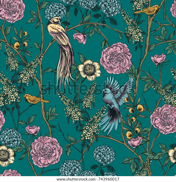 Victorian garden. Floral seamless pattern wallpaper. Vector illustration.