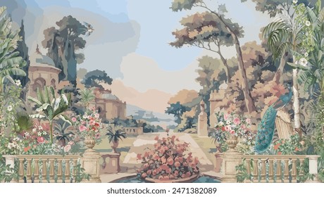 Victorian garden with peacock and Mediterranean architecture in watercolor Illustration for wallpaper