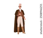 Victorian gentleman, 19th century fashion. Elegant man, aristocrat in top hat, cloak, waistcoat and cane. Historical British outfit, clothing. Flat vector illustration isolated on white background