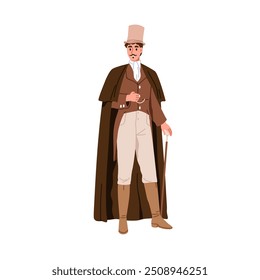 Cavalheiro vitoriano, moda do século 19. Homem elegante, aristocrata de chapéu, capa, colete e bengala. Roupas britânicas históricas. Ilustração de vetor plano isolada no plano de fundo branco