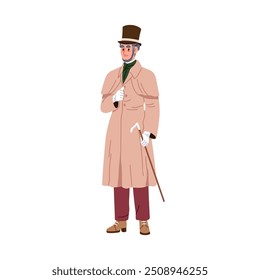 Victorian gentleman in 19th century fashion. Elegant aristocrat in retro attire, top hat, coat, cane. Classic British man in vintage clothing. Flat vector illustration isolated on white background