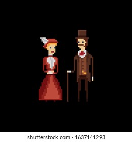 Victorian gentleman with cane and lady in red dress and hat - pixel art vector 8 bit illustration on dark brown background
