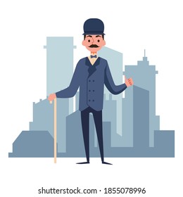A victorian gentleman. A character in an elegant suit and cap. Gallant english aristocrat on the background of city buildings. Flat cartoon vector illustration isolated on a white