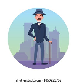 Victorian gentleman with city skyline in circle icon. Aristocrat Man wearing traditional smoking with hat and cane, flat cartoon vector illustration white background
