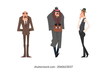 Victorian Gentleman in Elegant Suit with Respectful Manner Standing Vector Set