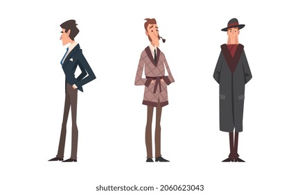 Victorian Gentleman in Elegant Suit with Respectful Manner Standing Vector Set