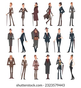 Victorian Gentleman in Elegant Suit with Respectful Manner Standing Big Vector Set