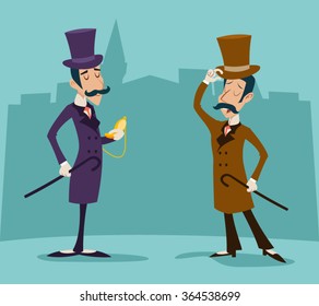 Victorian Gentleman Meeting Businessman Cartoon Character Icon Stylish English City Background Retro Vintage Great Britain Design Vector Illustration