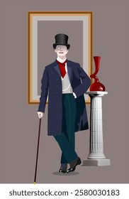 Victorian gentleman with monocle and top hat posing with walking cane in an art gallery next to a column and a red glass vase