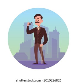 Victorian gentleman with mustache cartoon character at backdrop of foggy city, flat vector illustration isolated on white background. Circle frame with gentleman.