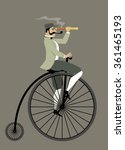 Victorian gentleman with a pipe and a telescope riding a penny-farthing bicycle, EPS 8 vector illustration
