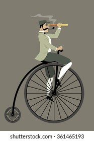 Caballero victoriano con una pipa y un telescopio montando una bicicleta de tiro al penique, ilustración vectorial EPS 8