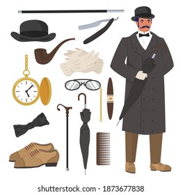 Victorian gentleman set, flat vector isolated illustration. English gentleman clothing and accessories. Bowler hat, cane, razor, watch, pipe, cigar, gloves, umbrella and shoes.