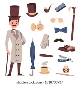 Victorian gentleman and set of traditional clothes and stuff. Man with moustache and wearing coat, flat cartoon vector illustration isolated white background