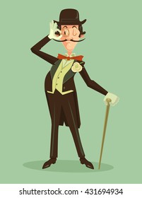 Victorian gentleman. Vintage britain gentleman in hat. Vector flat cartoon illustration