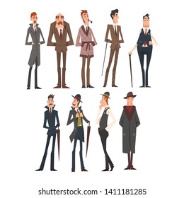 Victorian Gentlemen Characters Set, Rich and Successful Men in Elegant Suits Vector Illustration