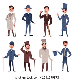 Victorian gentlemen set - cartoon men in vintage English clothing isolated on white background. People in retro suit, top hat, cane and other accessories, vector illustration