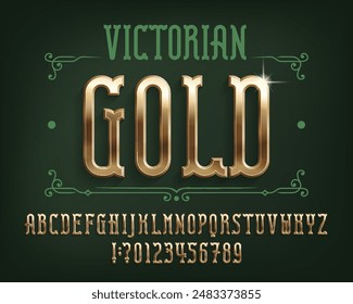 Fuente del alfabeto dorado victoriano. 3d letras y números dorados. Tipo de Vector estándar para su diseño.