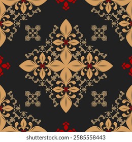 Victorian Golden Leaves Florals Petals Fleur de lis Damask Decoration on Black Background Pattern. Elegance Scroll Ornate Delicate Rich Seamless Vector Design for Decoration Embroidery Silk Detailed