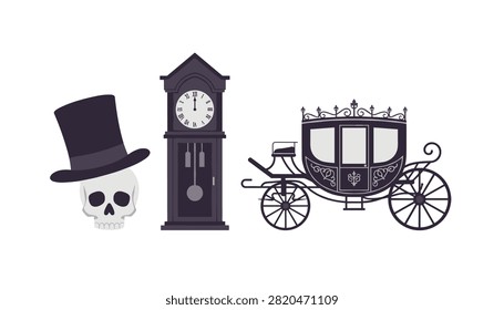 Victorian gothic composition with a top hat skull, grandfather clock, and carriage.