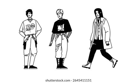 Victoriaanse Gothic Fashion Man Vector. Steampunk Darkwave, Rotic Aristocrat, Noir Alternatieve Victoriaanse Gothic Mode Man karakter. Mensen Zwarte lijn Potlood Tekening Illustratie