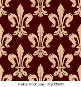 Victorian heraldic floral seamless pattern for royal backdrop, wallpaper or interior design with beige fleur-de-lis ornament on maroon background