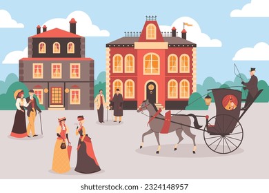 Victorian historical period scene flat style, vector illustration. Happy walking people, women in gloves, colorful buildings and carriage with horse. People in victorian costumes, culture