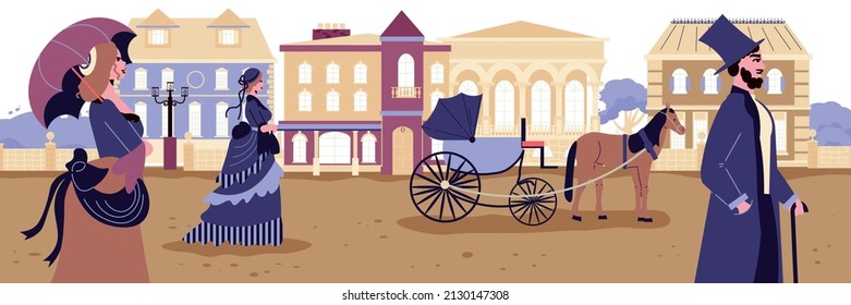 Victorian horizontal illustration with people in 18th century clothes walking around city flat vector illustration