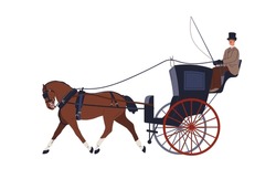 Victorian Horse Chariot. Vintage 19th Century Transport. Coachman Driving Cart. Historic Old Wagon, Medieval Vehicle With Stallion, Coach. Flat Vector Illustration Isolated On White Background