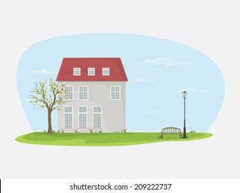Victorian house with a cherry blossom tree, a bench and a light pole in the spring (vector).