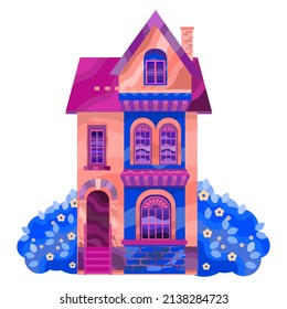 Victorian house with garden. Vector flat illustration, architecture. Isolated house on white background.