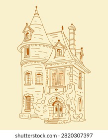 Victorian House Hand Drawn Architectural Artwork, European Manor House Vintage Ink Sketch, Illusrtation for Postcards