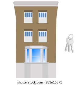 Victorian house and keys vector illustration. House exterior front. Hotel building