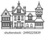 Victorian House Line Art Design Illustration Historical Residence Drawing