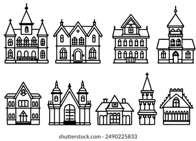 Victorian House Line Art Design Illustration Architecture Drawing