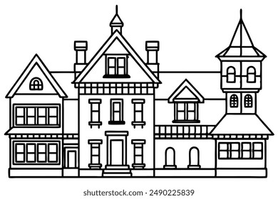 Victorian House Line Art Design Illustration Historical Residence Drawing