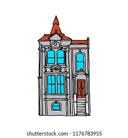 Victorian house with red roof. Vector handdrawn detail llustration. 