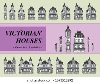 victorian houses collection. combination of architectural elements. templates for coloring