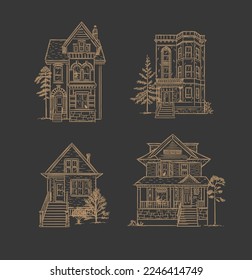 Victorian houses drawing in old fashioned vintage style on brown background.