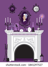 Victorian interior with a marble fireplace, portrait and mantle decorations, EPS 8 vector illustration