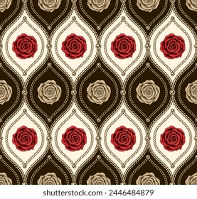 Victorian jewelry seamless pattern with golden chains, beads, red rose flower. Flower motif in damask classic grid. Detailed high contrast illustration in luxury vintage style.